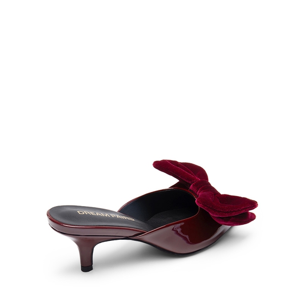 Velvet Bow Kitten Heeled Mules - RED WINE - 2